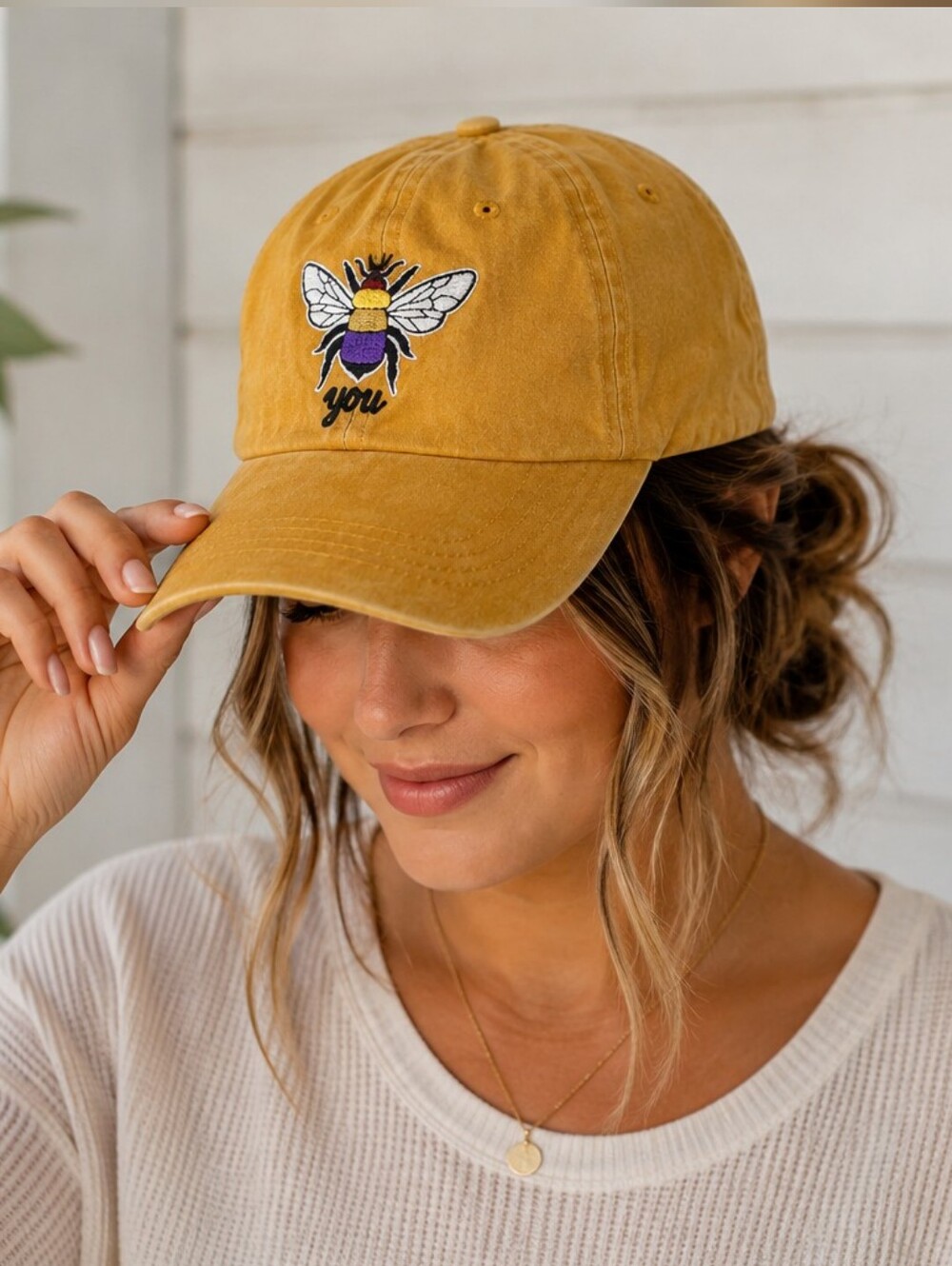 Bee Embroidered Cotton Baseball Cap Mustard Yellow Adjustable Hat